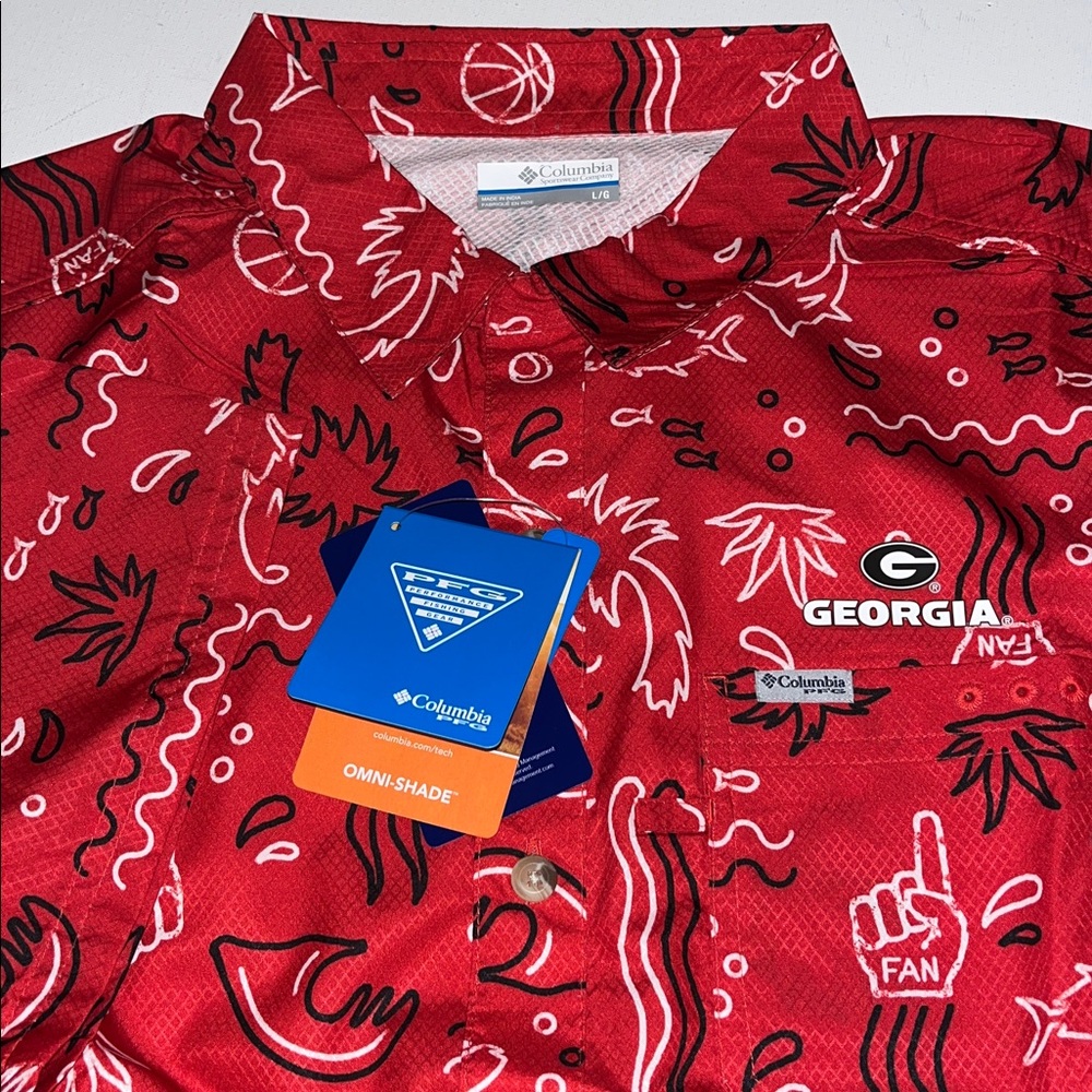 Columbia Georgia Bulldogs Shirt Mens L PFG Fishing  Button-Up Red UPF 40 $65